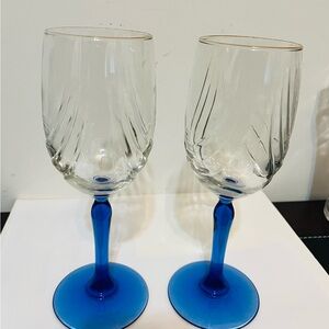 Two vintage Blue Stem Wine Glass Set-gold rim